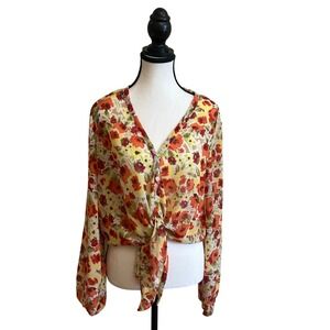 Gianni Bini GB Floral Blouse Top, Size L Long Sleeve Button Up Tie Front